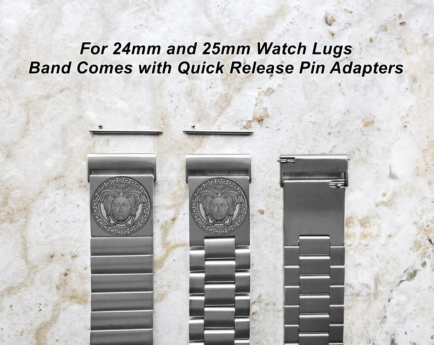 Medusa Head Engraved Watch Band for 22mm 24mm 25mm Lugs Traditional Casual Luxury and Smartwatches Silver Color Stainless Steel Bracelet Strap N13