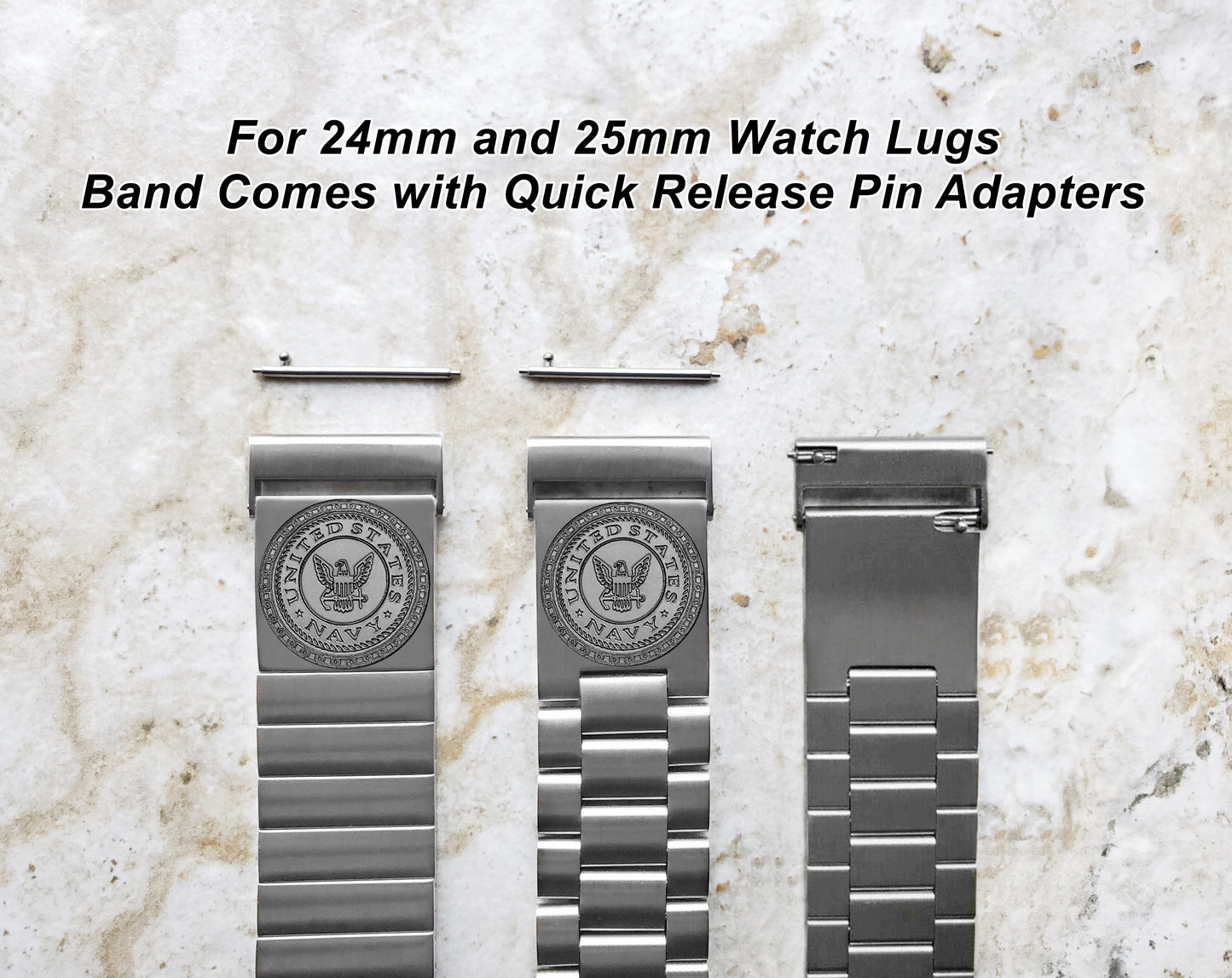 US Navy Engraved Watch Band for 22mm 24mm 25mm Lugs Traditional Casual Luxury and Smartwatches Silver Color Stainless Steel Bracelet Strap NE1