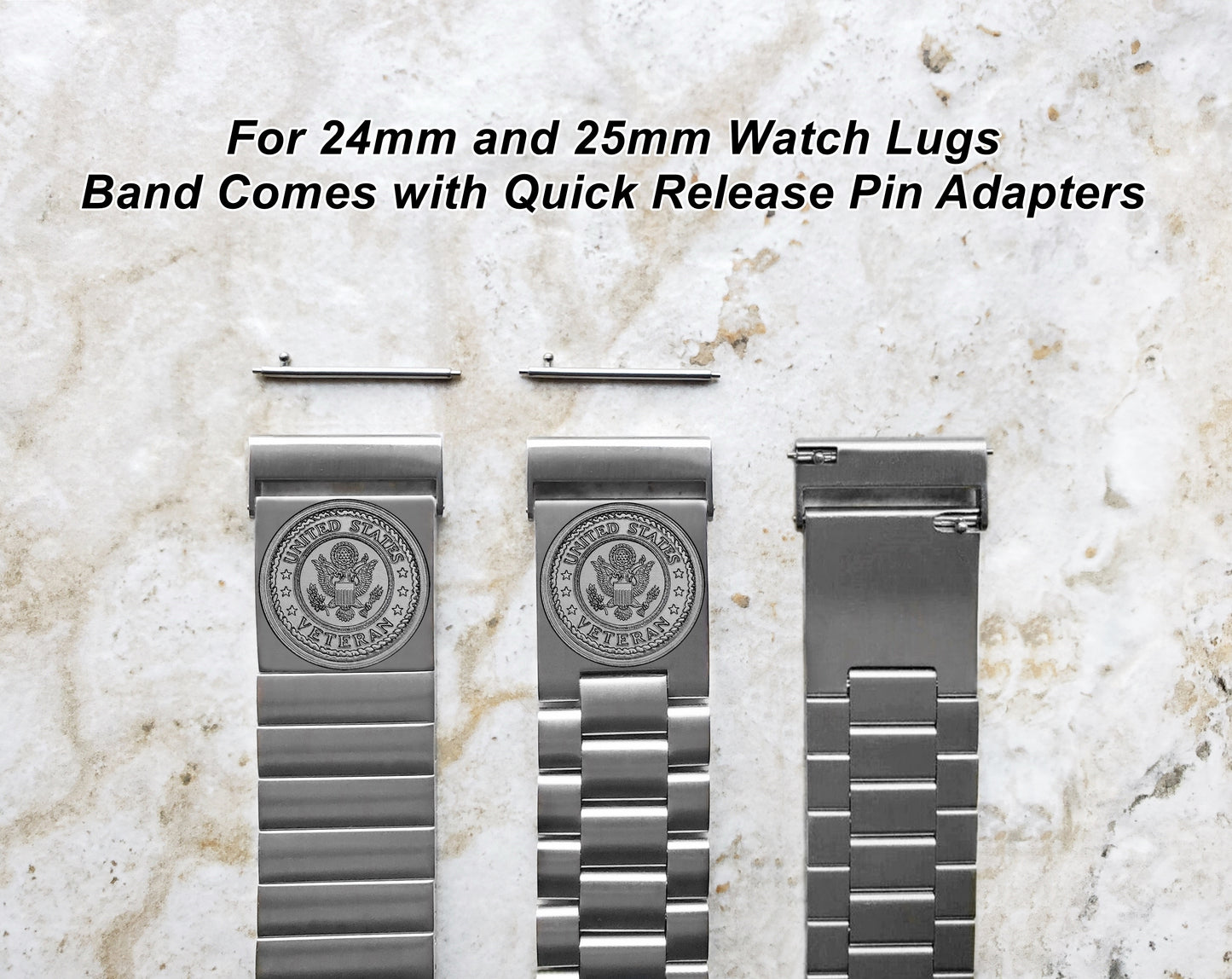 US Veteran Engraved Watch Band for 22mm 24mm 25mm Lugs Traditional Casual Luxury and Smartwatches Silver Color Stainless Steel Bracelet Strap V3