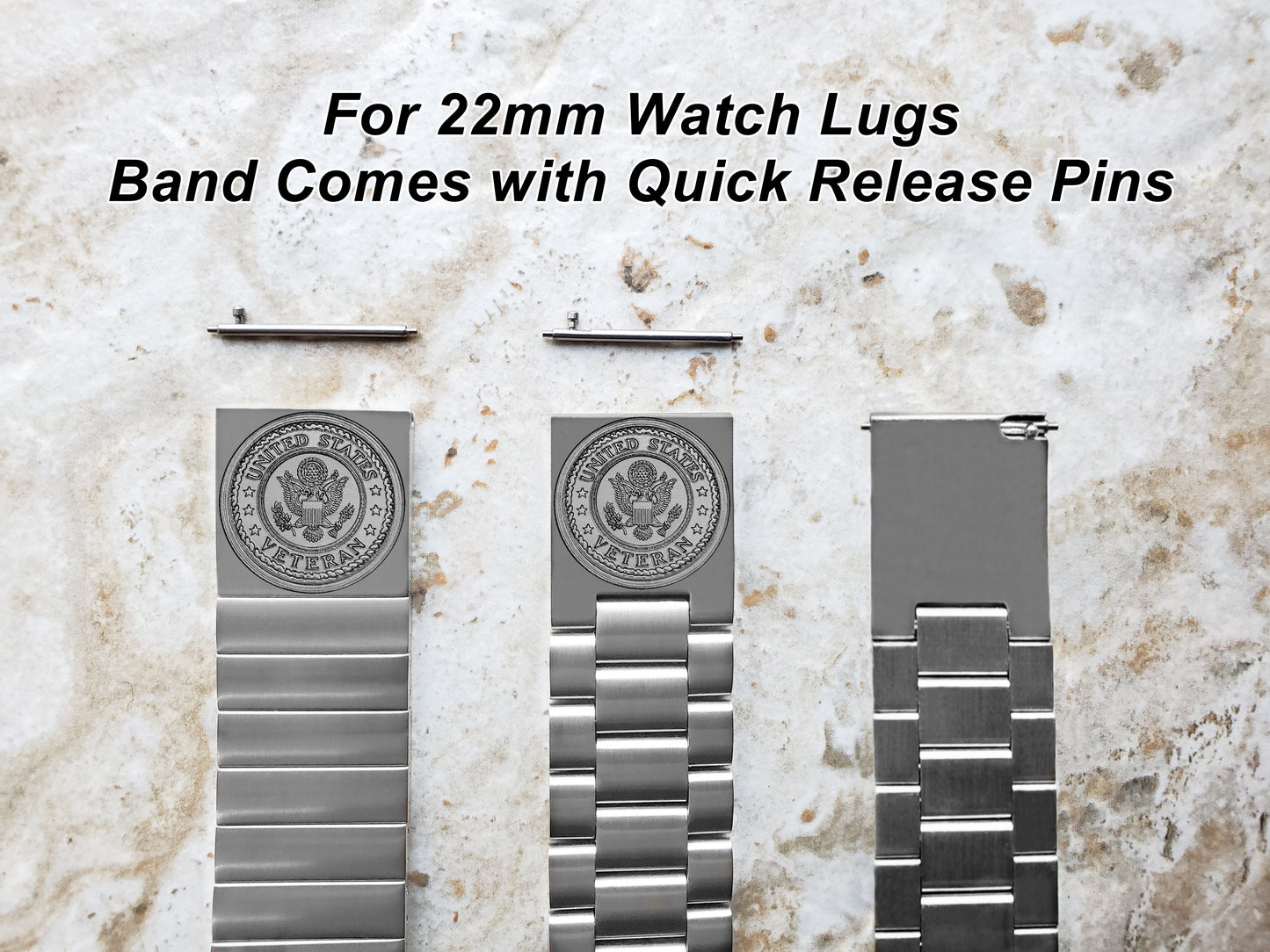 US Veteran Engraved Watch Band for 22mm 24mm 25mm Lugs Traditional Casual Luxury and Smartwatches Silver Color Stainless Steel Bracelet Strap V3
