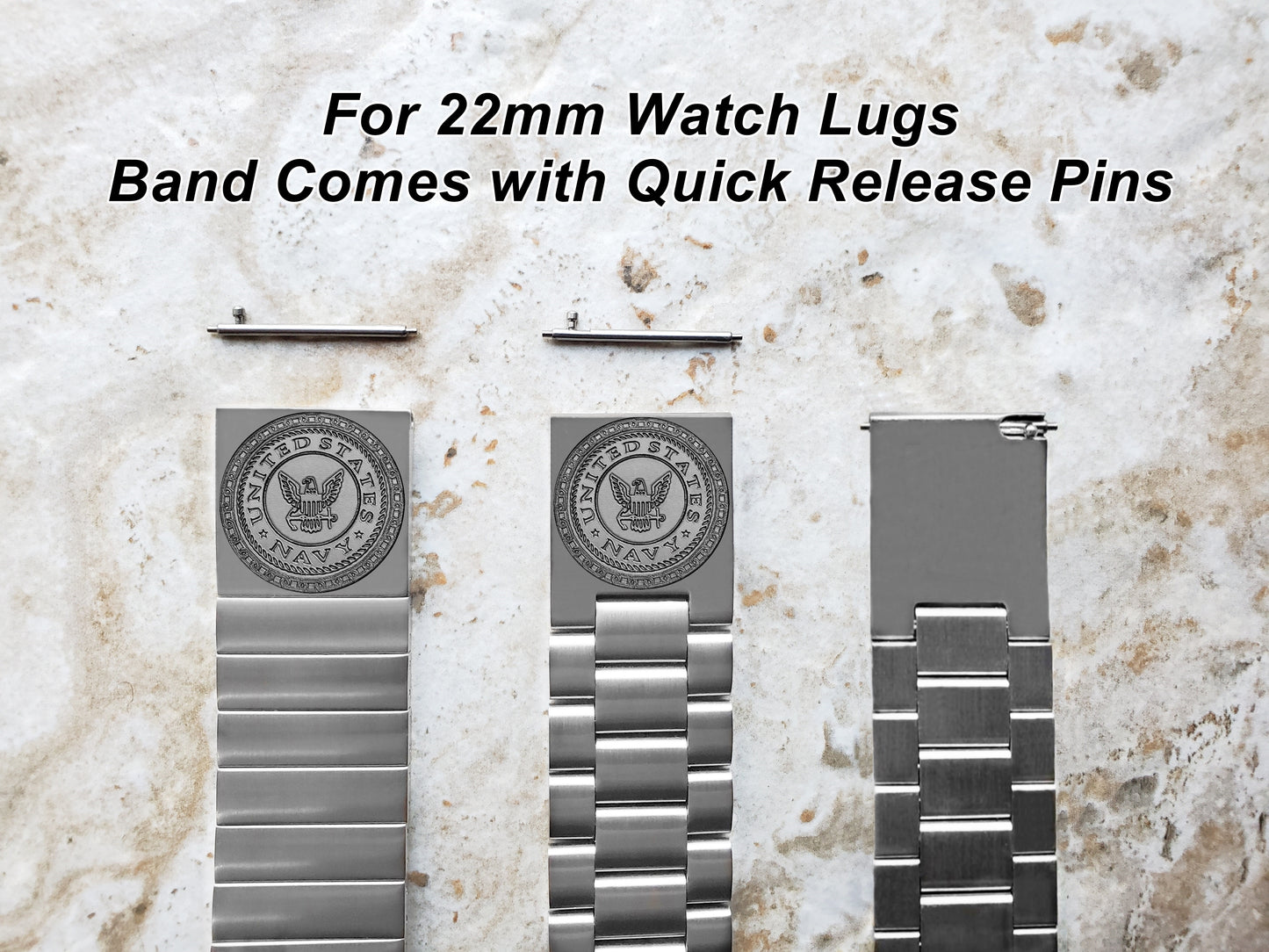 US Navy Engraved Watch Band for 22mm 24mm 25mm Lugs Traditional Casual Luxury and Smartwatches Silver Color Stainless Steel Bracelet Strap NE1