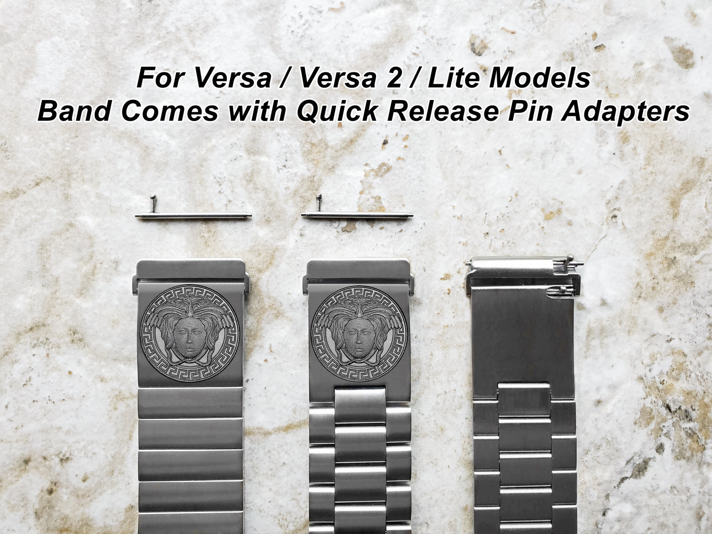 Medusa Head Engraved Watch Band Compatible with Fitbit Versa Lite 2 3 4 and Sense 1 2 Smartwatches Silver Color Stainless Steel Bracelet Strap N13