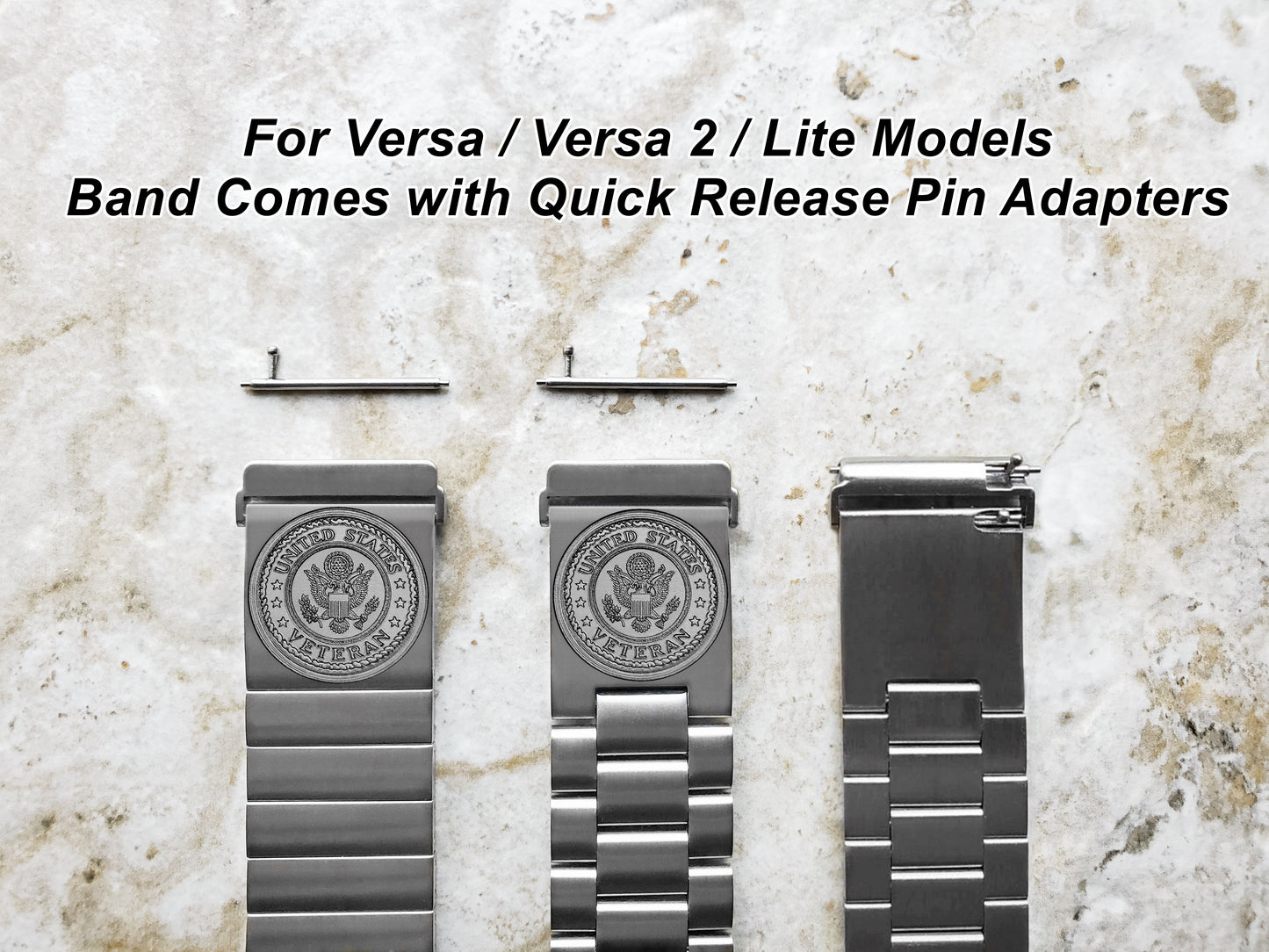 US Veteran Engraved Watch Band Compatible with Fitbit Versa Lite 2 3 4 and Sense 1 2 Smartwatches Silver Color Stainless Steel Bracelet Strap V3