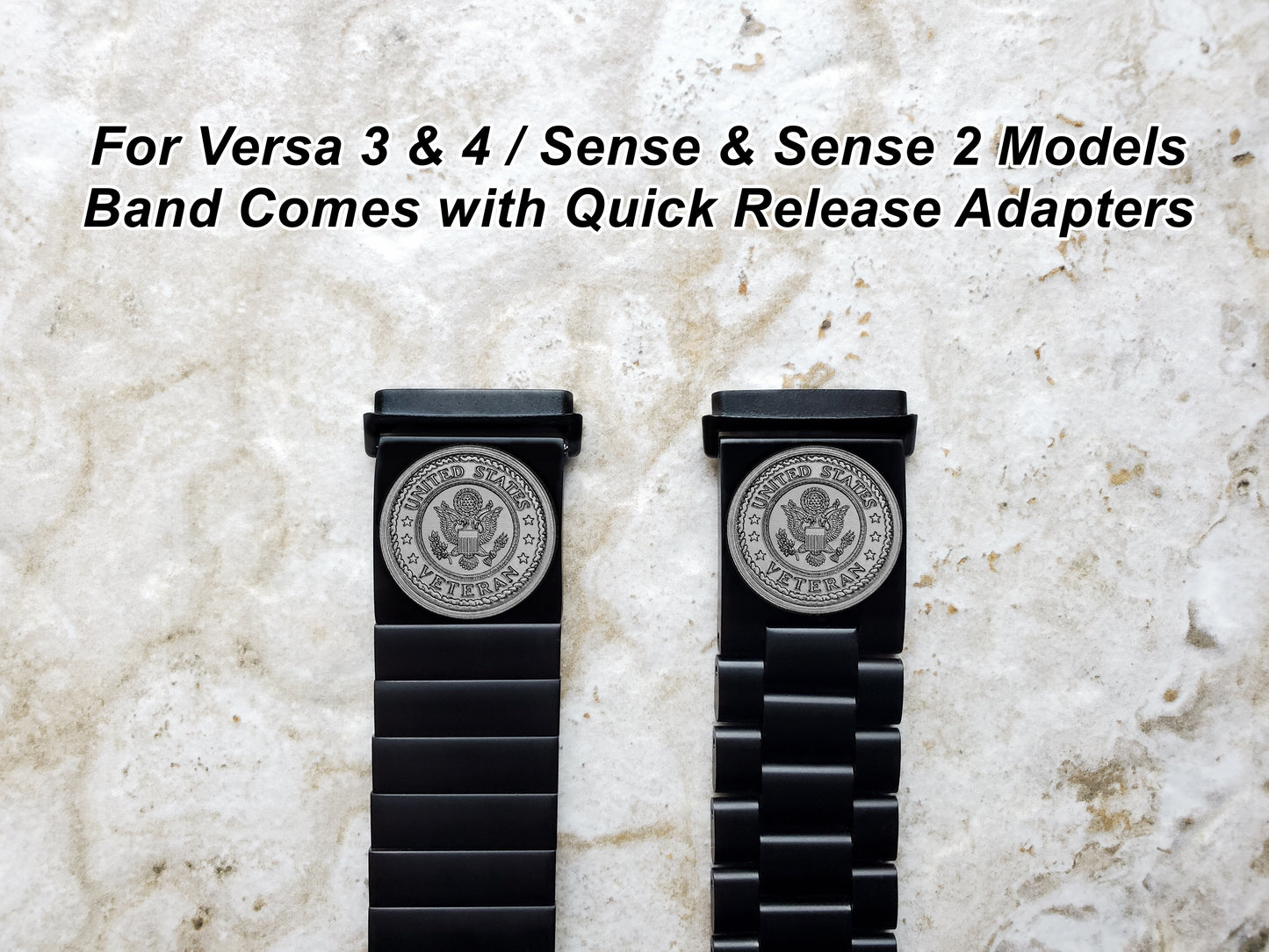 US Veteran Engraved Watch Band Compatible with Fitbit Versa Lite 2 3 4 and Sense 1 2 Smartwatches Black Color Stainless Steel Bracelet Strap V3