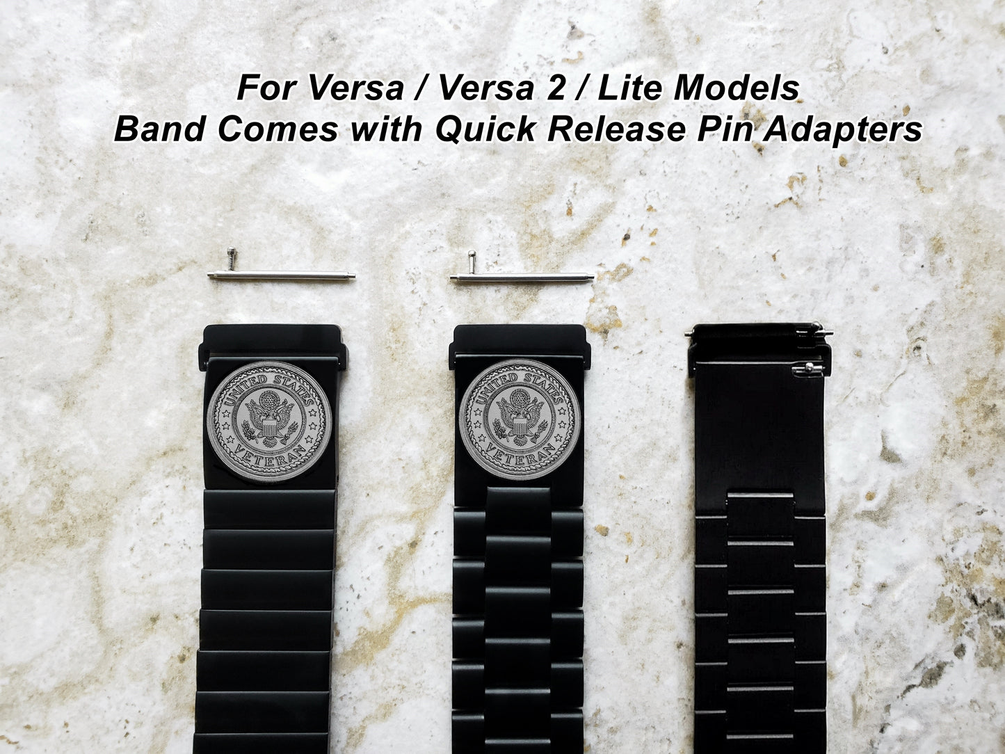 US Veteran Engraved Watch Band Compatible with Fitbit Versa Lite 2 3 4 and Sense 1 2 Smartwatches Black Color Stainless Steel Bracelet Strap V3