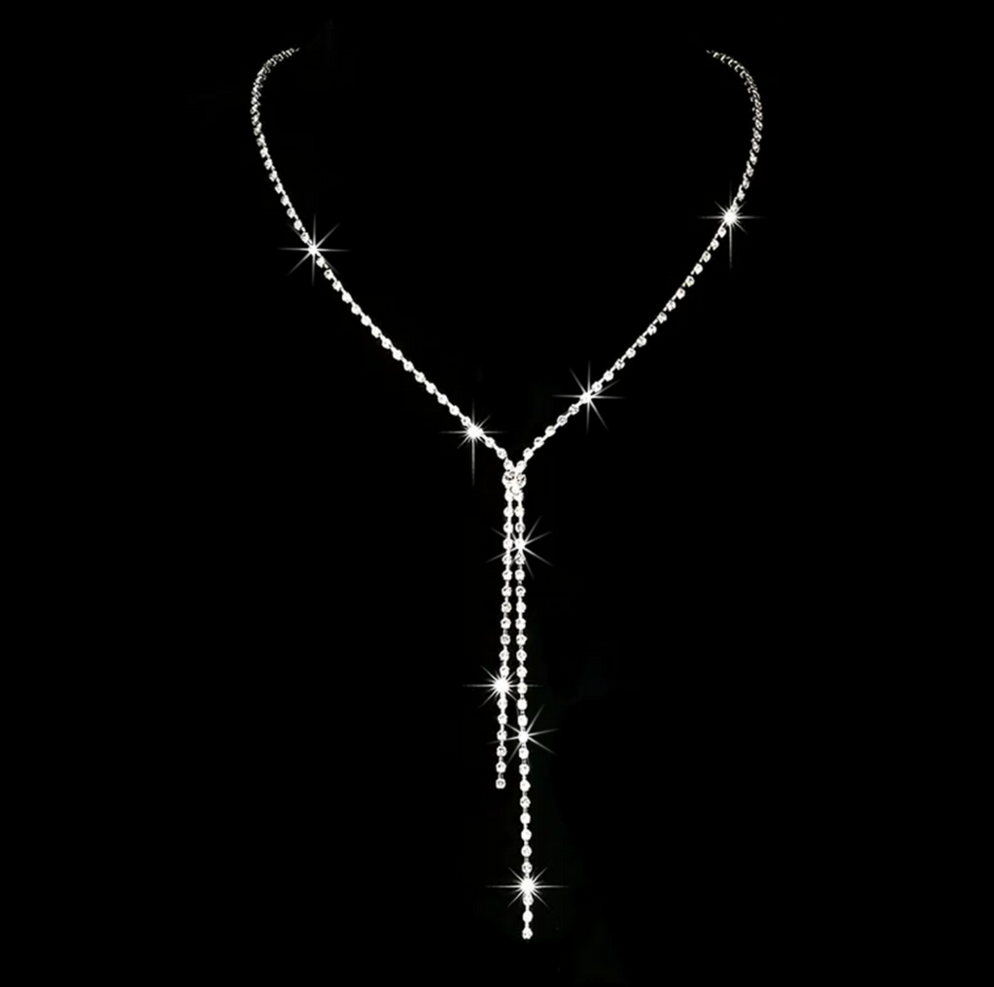 Body Jewelry Chain Earrings and Y Lariat Necklace Set Silver Color Fashion Crystal Pendants Chandelier Drop Tassel Elegant Minimalist Style