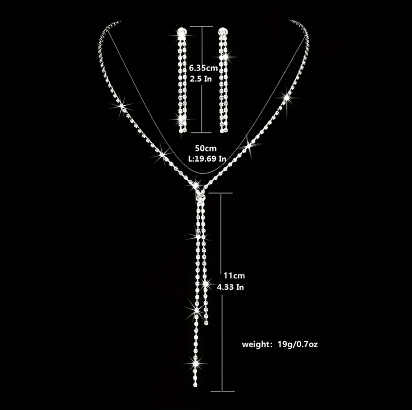 Body Jewelry Chain Earrings and Y Lariat Necklace Set Silver Color Fashion Crystal Pendants Chandelier Drop Tassel Elegant Minimalist Style