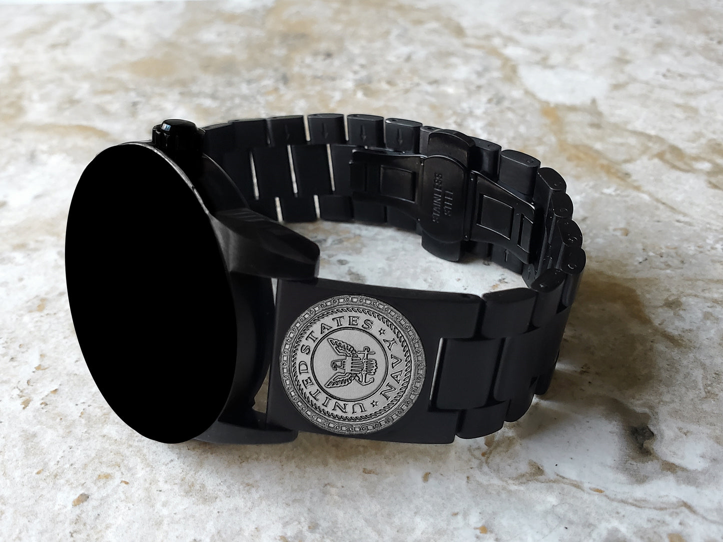 US Navy Engraved Watch Band Compatible with Samsung Galaxy Watch 3 45mm 46mm Gear S3 Frontier and Classic Black Stainless Steel Strap NE1 -B22
