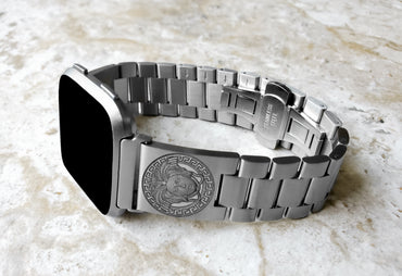 Medusa Head Engraved Watch Band Compatible with Fitbit Versa Lite 2 3 4 and Sense 1 2 Smartwatches Silver Color Stainless Steel Bracelet Strap N13