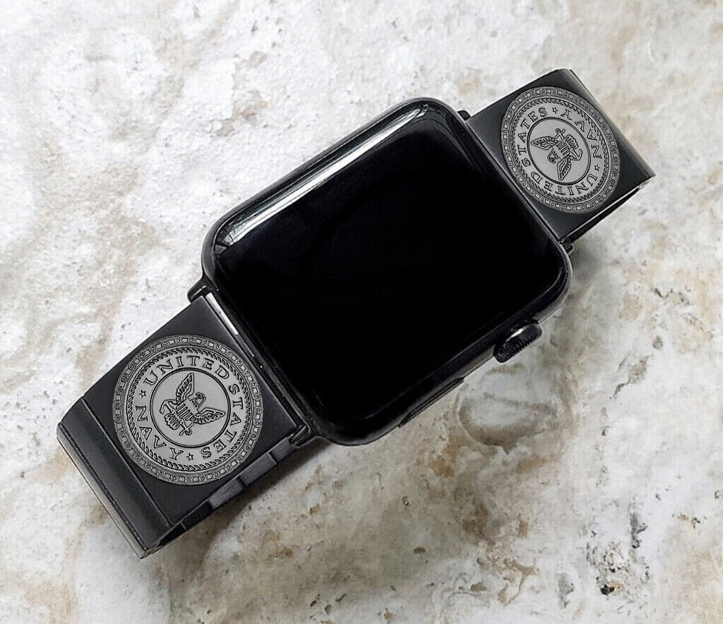 US Navy Engraved Watch Band Compatible with Apple iWatch Ultra 2 9 8 7 SE 6 5 4 3 2 1 Case 38mm 40mm 41mm 42mm 44mm 45mm 49mm Black Stainless Steel Strap NE1