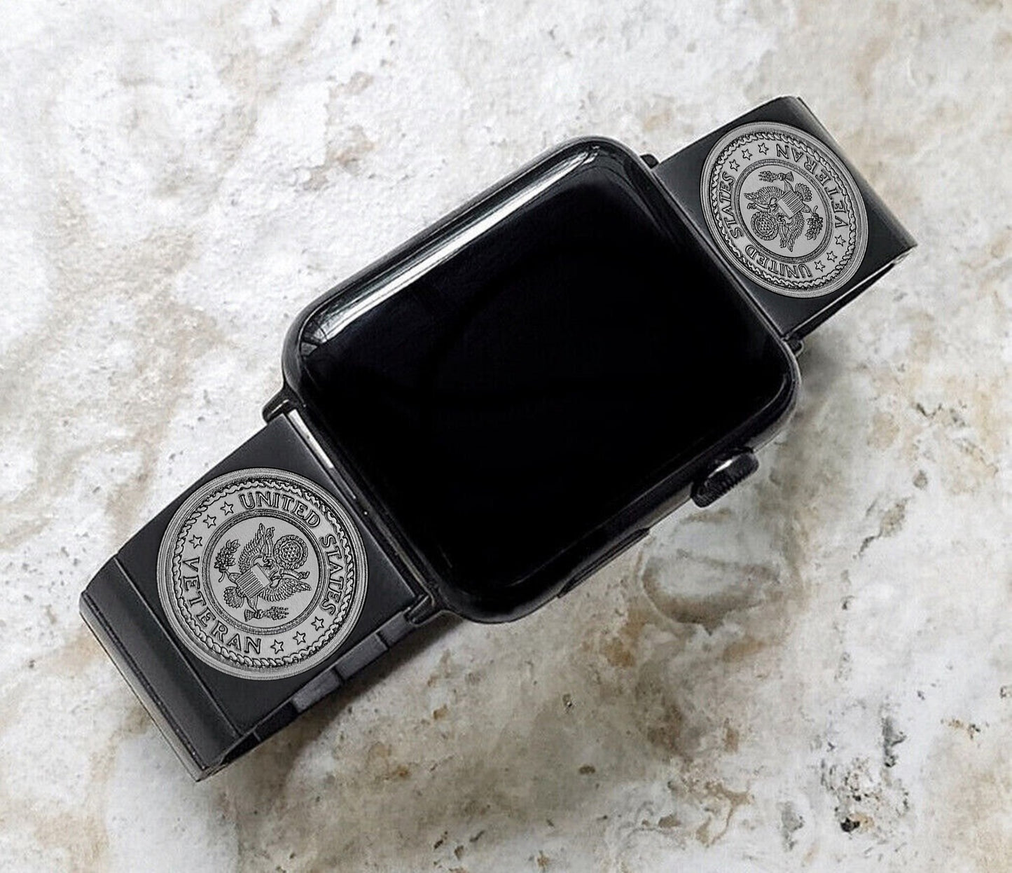 US Veteran Engraved Watch Band Compatible with Apple iWatch Ultra 2 9 8 7 SE 6 5 4 3 2 1 Case 38mm 40mm 41mm 42mm 44mm 45mm 49mm Black Stainless Steel Strap V3