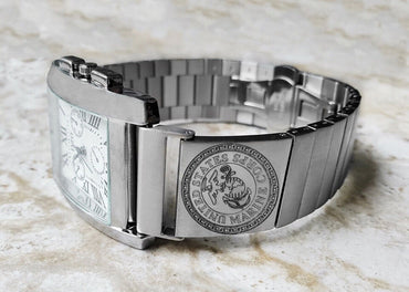 Marine Corps Engraved Watch Band for 22mm 24mm 25mm Lugs Traditional Casual Luxury and Smartwatches Silver Color Stainless Steel Bracelet Strap MC1