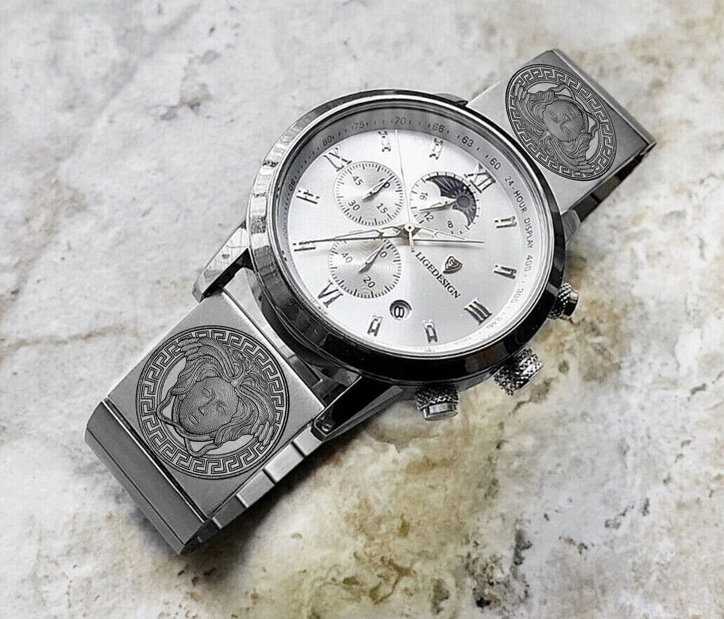 Medusa Head Engraved Watch Band for 22mm 24mm 25mm Lugs Traditional Casual Luxury and Smartwatches Silver Color Stainless Steel Bracelet Strap N13