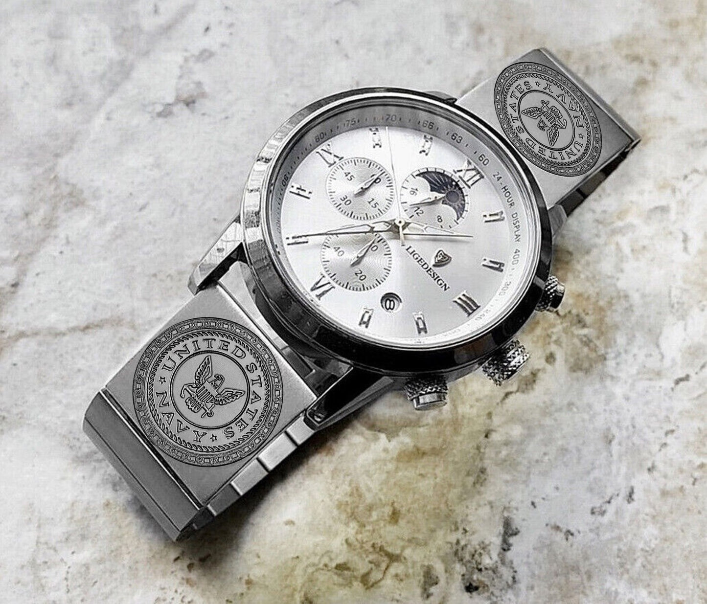 US Navy Engraved Watch Band for 22mm 24mm 25mm Lugs Traditional Casual Luxury and Smartwatches Silver Color Stainless Steel Bracelet Strap NE1