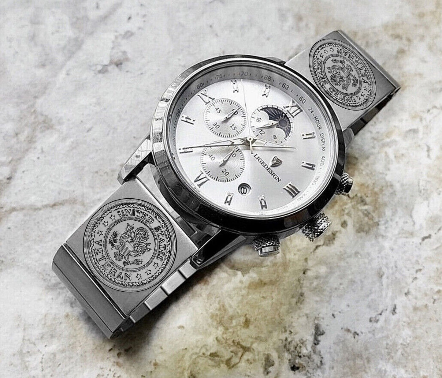 US Veteran Engraved Watch Band for 22mm 24mm 25mm Lugs Traditional Casual Luxury and Smartwatches Silver Color Stainless Steel Bracelet Strap V3