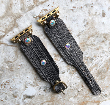 Apple New Modern Handmade Black and Burnished Gold Leather Bracelet iWatch All Series Band for 38mm 40mm 41mm 42mm 44mm 45mm 49mm Case