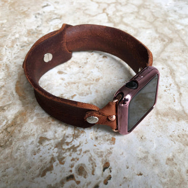 Apple Watch Ultra 2 49mm and 9 8 Series 41mm 45mm Brown Distressed Genuine Leather Band Strap Handmade Bracelet Rose Gold Stainless Steel