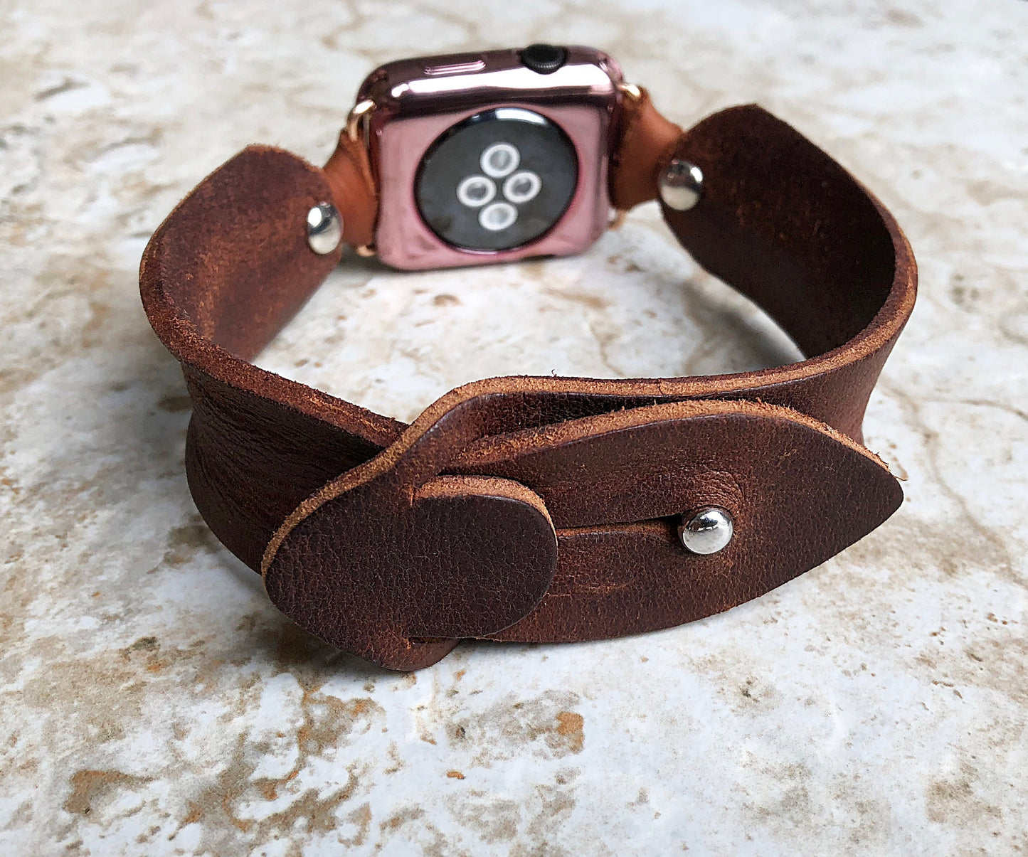 Apple Watch Ultra 2 49mm and 9 8 Series 41mm 45mm Brown Distressed Genuine Leather Band Strap Handmade Bracelet Rose Gold Stainless Steel