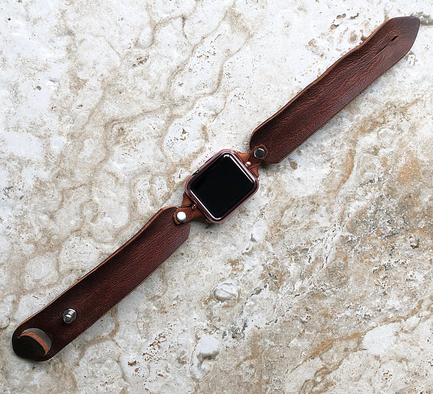 Apple Watch Ultra 2 49mm and 9 8 Series 41mm 45mm Brown Distressed Genuine Leather Band Strap Handmade Bracelet Rose Gold Stainless Steel