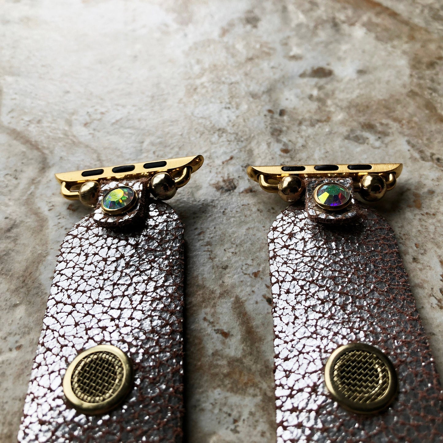 Apple Watch Band Bracelet for Ultra 2 and 9 8 Series 41mm 45mm 49mm Case Metallic Silver Cracked Handmade Leather Strap Gold Finish Crystals