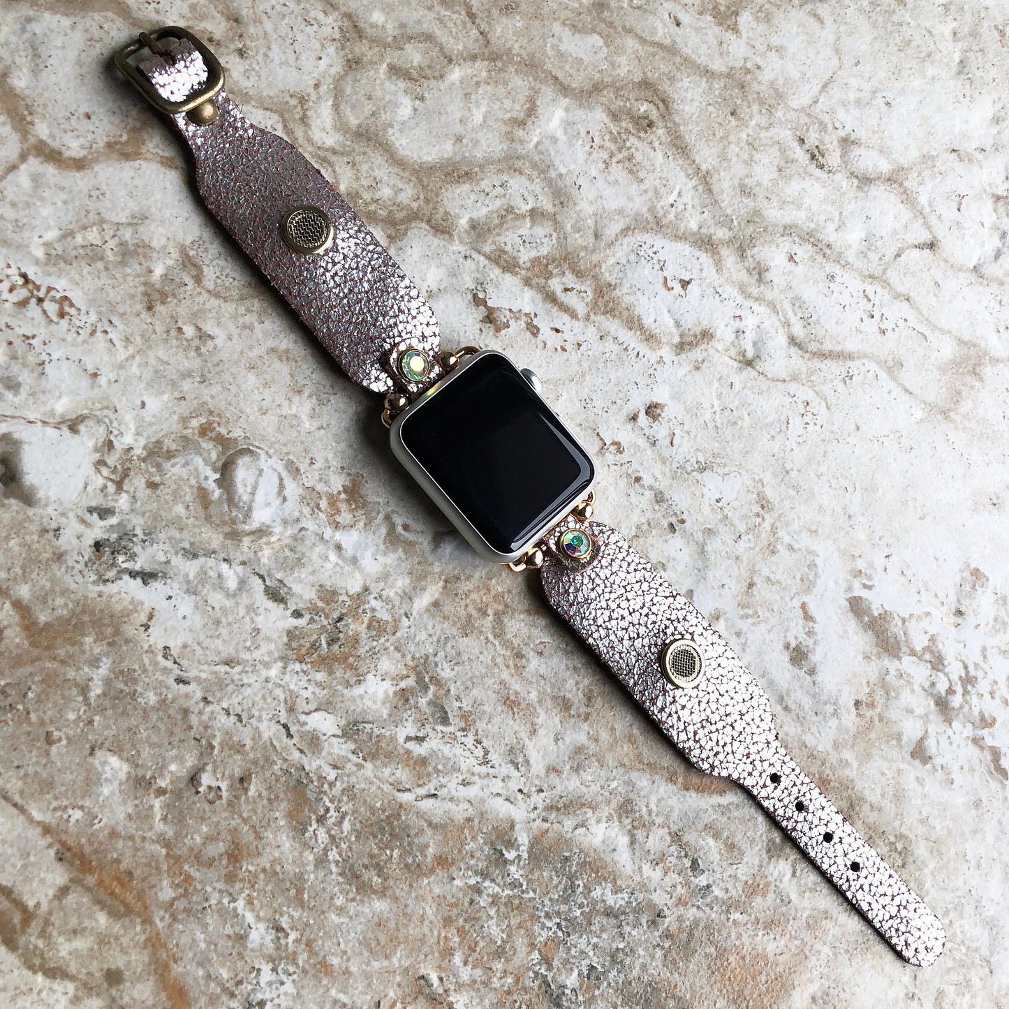 Apple Watch Band Bracelet for Ultra 2 and 9 8 Series 41mm 45mm 49mm Case Metallic Silver Cracked Handmade Leather Strap Gold Finish Crystals