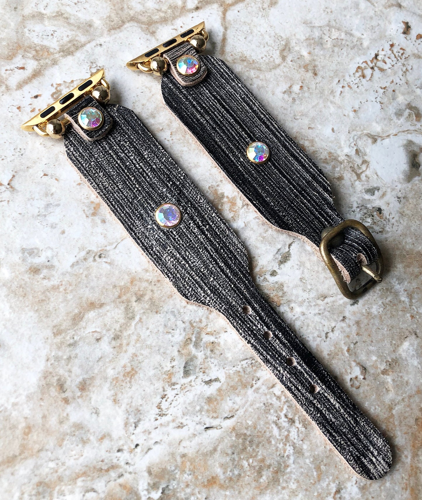 Apple New Modern Handmade Black and Burnished Gold Leather Bracelet iWatch All Series Band for Ultra 2 49mm and 9 8 Series 41mm 45mm Case