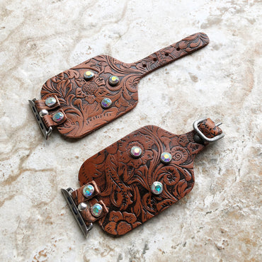 Apple Embossed Bracelet Band 41mm 45mm 49mm Brown Flourish Leather for iWatch Ultra 2 49mm and 9 8 Series Handmade Tooled Strap Crystals
