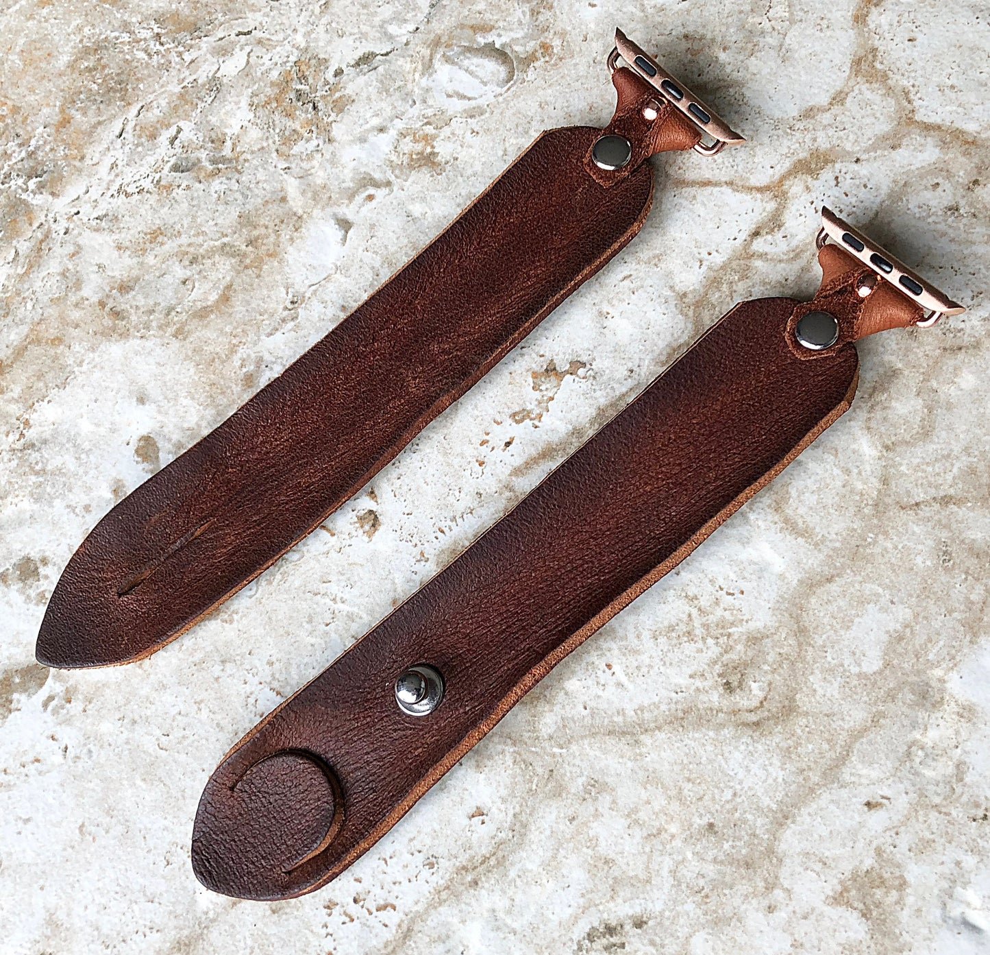 Apple Watch Ultra 2 49mm and 9 8 Series 41mm 45mm Brown Distressed Genuine Leather Band Strap Handmade Bracelet Rose Gold Stainless Steel