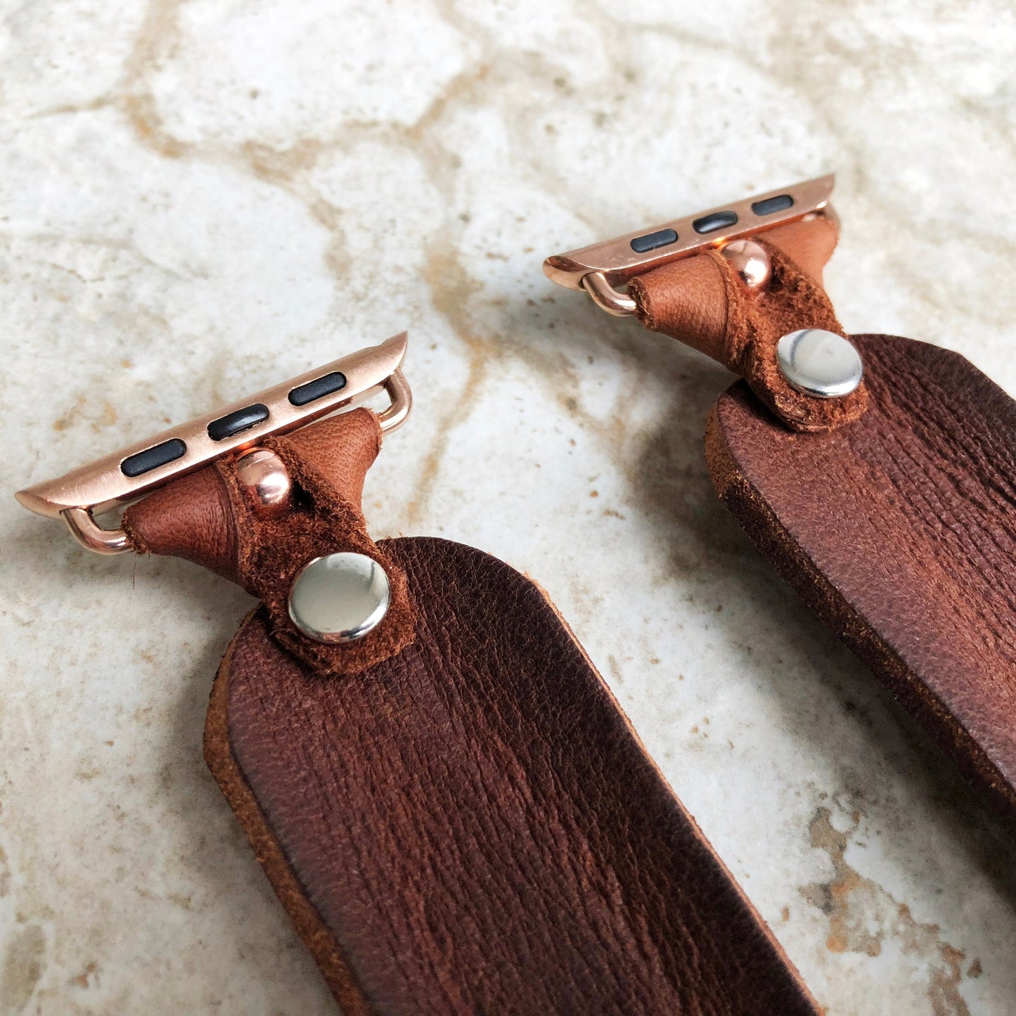 Apple Watch Ultra 2 49mm and 9 8 Series 41mm 45mm Brown Distressed Genuine Leather Band Strap Handmade Bracelet Rose Gold Stainless Steel