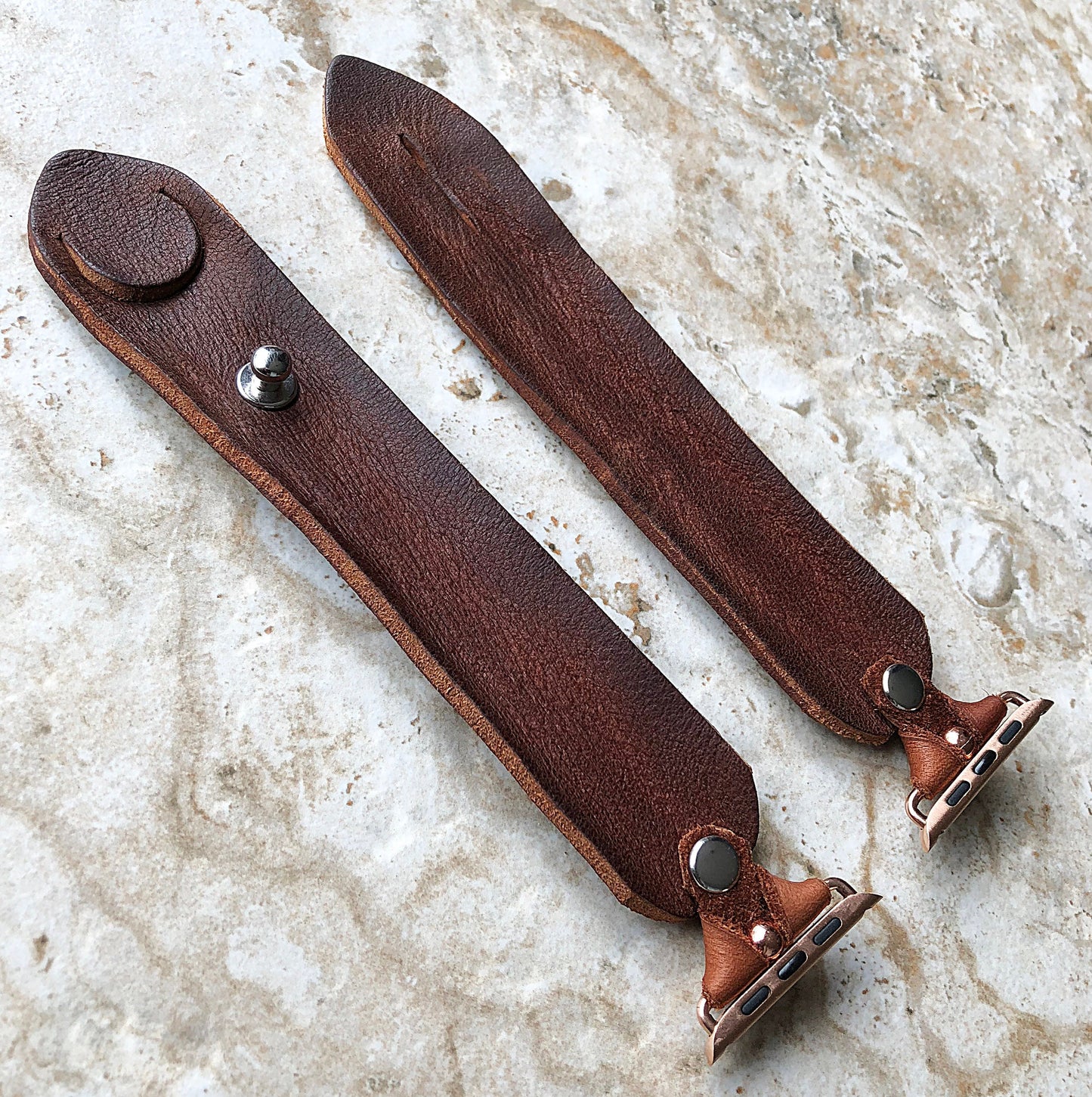 Apple Watch Ultra 2 49mm and 9 8 Series 41mm 45mm Brown Distressed Genuine Leather Band Strap Handmade Bracelet Rose Gold Stainless Steel