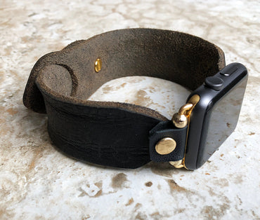 Apple Watch Ultra 2 and 9 8 Series Black Distressed Leather Band Bracelet for iWatch 41mm 45mm 49mm Case Handmade Strap Gold Stainless Steel