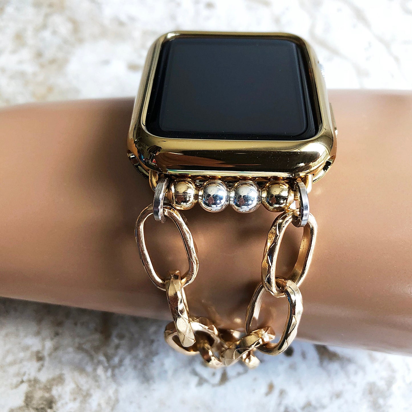Apple Gold and Silver Color Adjustable Bracelet Band Chain Link for iWatch Ultra 2 and 9 8 Series Case 41mm 45mm Case Handmade Jewelry Strap