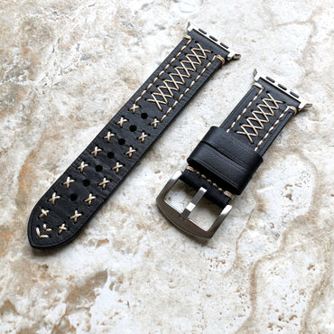 Apple Black Soft Thick Genuine Leather Band for iWatch Ultra 2 49mm and 9 8 Series 41mm 45mm Case Bracelet Strap Stitched Details X