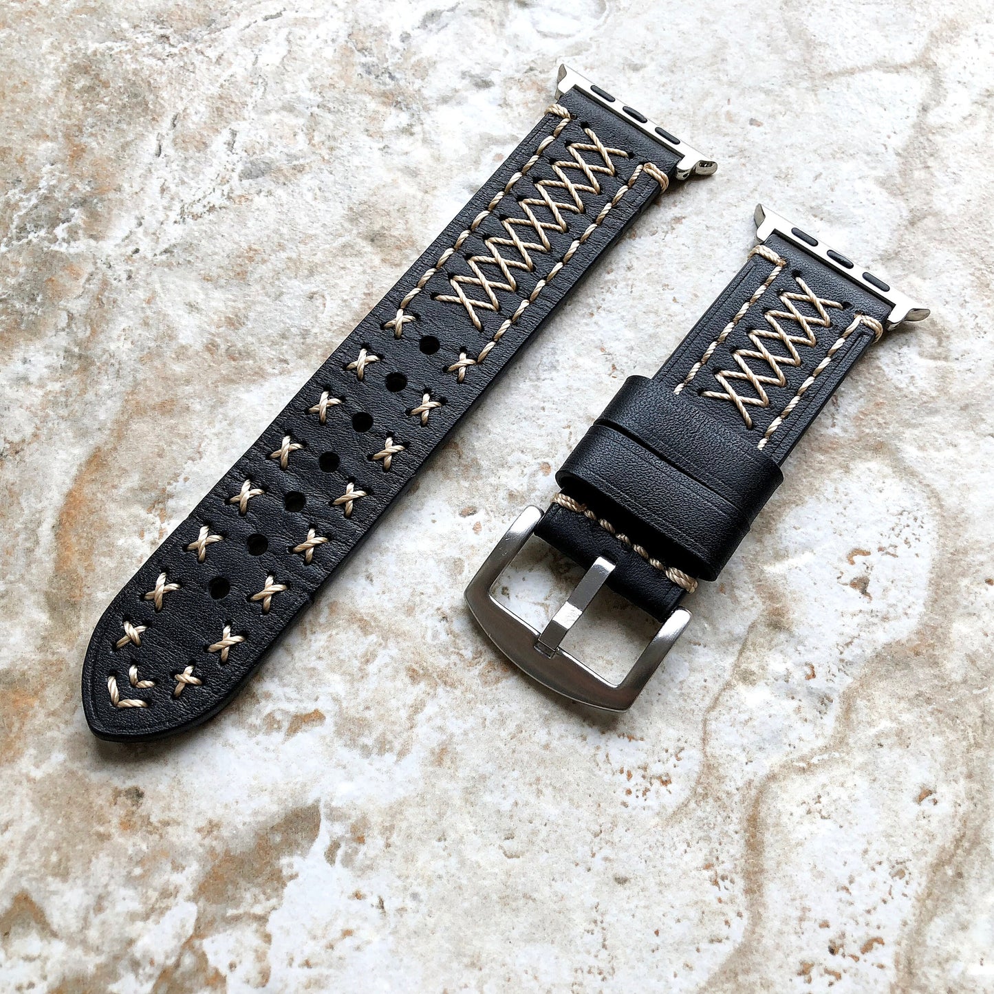 Apple Black Three Layers Band for iWatch All Series 38mm 40mm 41mm 42mm 44mm 45mm 49mm Case Soft Leather Bands Straps Bracelet Hand Stitched