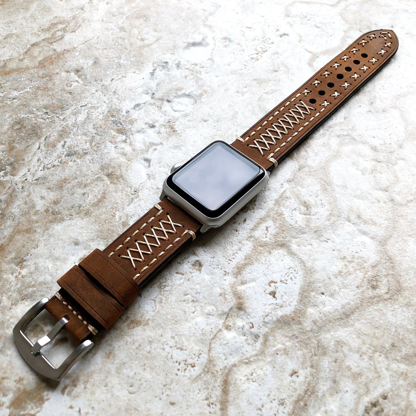 Apple Brown Soft Thick Leather Band for iWatch All Series 38mm 40mm 41mm 42mm 44mm 45mm 49mm Edition Strap Bracelet Stitched Details X