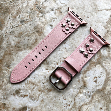 Apple Light Pink for iWatch Ultra 2 49mm and 9 8 Series 41mm 45mm Case Edition Soft Leather Band Straps Bracelet with Rivets Flowers