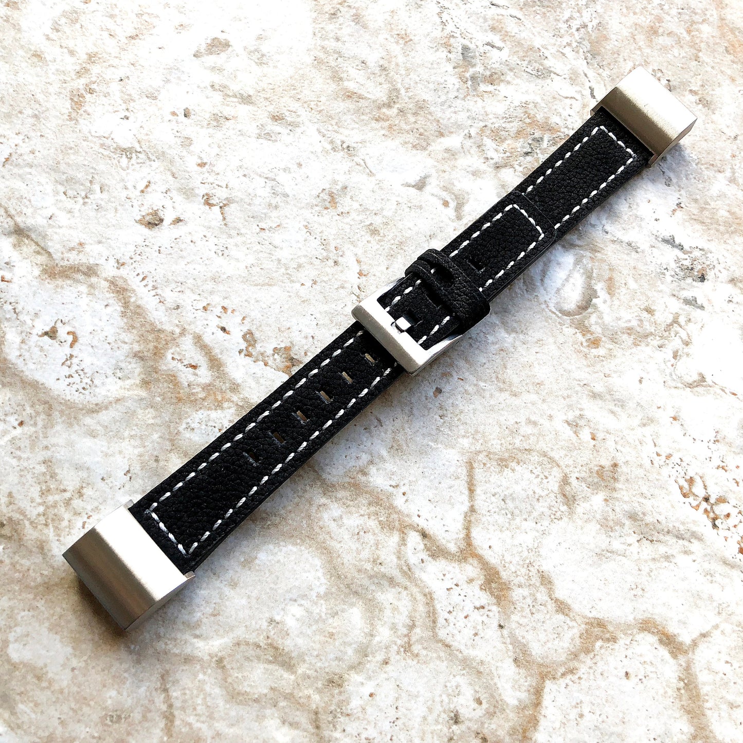 Fitbit Charge 6 5 4 3 Black Soft Leather Band Strap for Fitness Tracker Replacement Wristband Bracelet with Stitches Adapters Quick Release