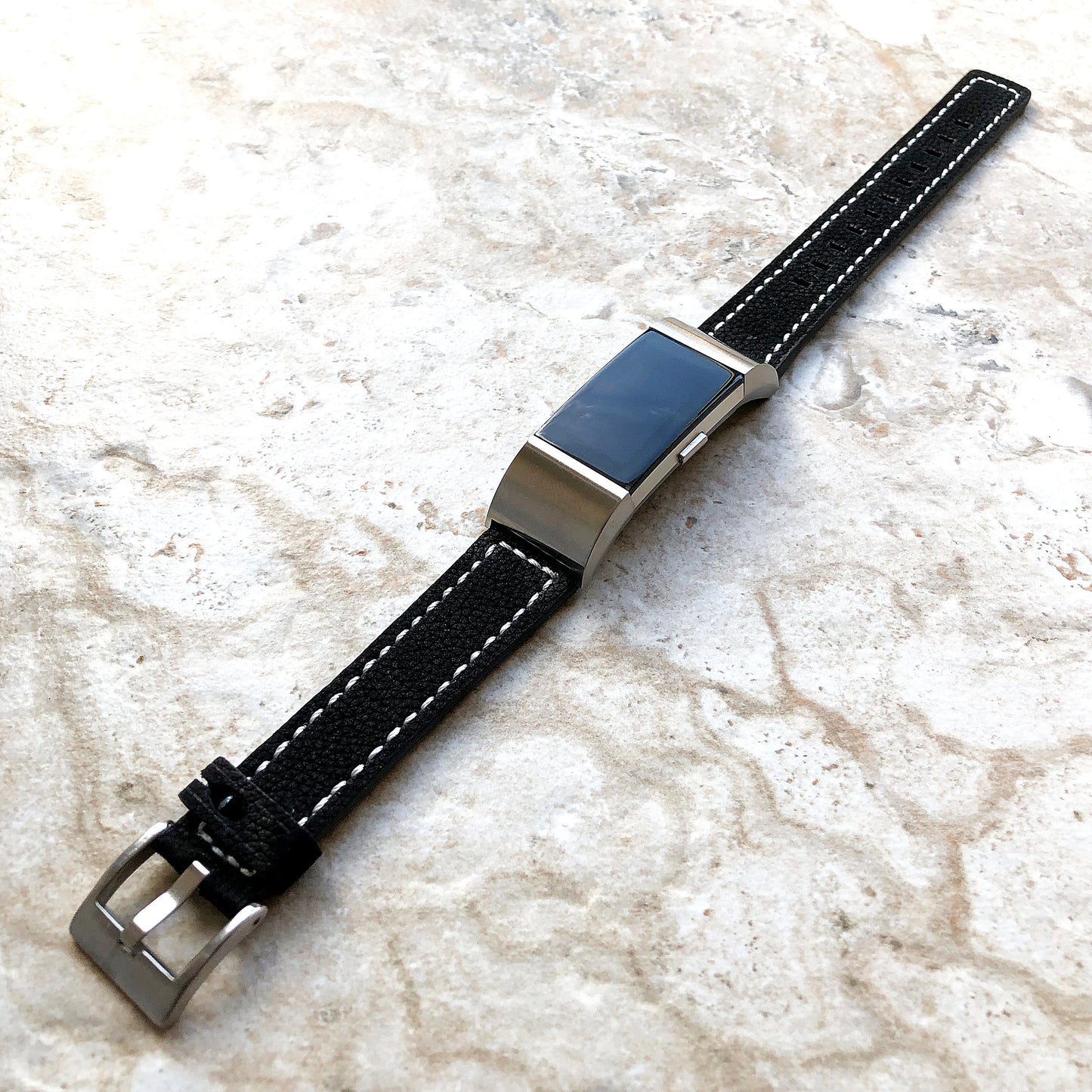 Fitbit Charge 2 Black Soft Leather Band Strap Compatible with Fitness Tracker Wristband Bracelet with Stitches and Adapters Quick Release