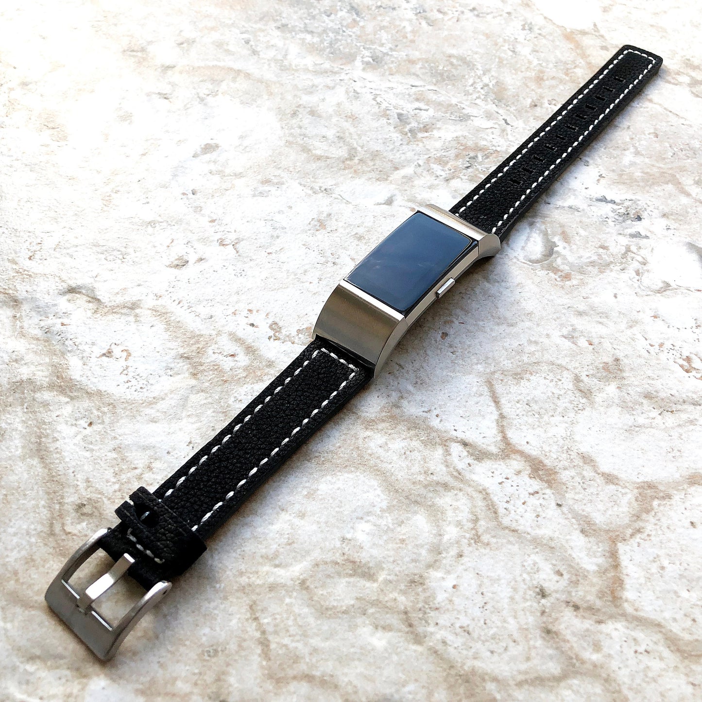 Fitbit Charge 6 5 4 3 Black Soft Leather Band Strap for Fitness Tracker Replacement Wristband Bracelet with Stitches Adapters Quick Release