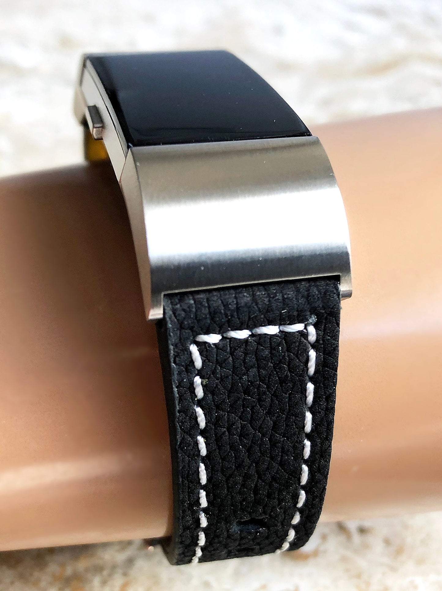 Fitbit Charge 6 5 4 3 Black Soft Leather Band Strap for Fitness Tracker Replacement Wristband Bracelet with Stitches Adapters Quick Release
