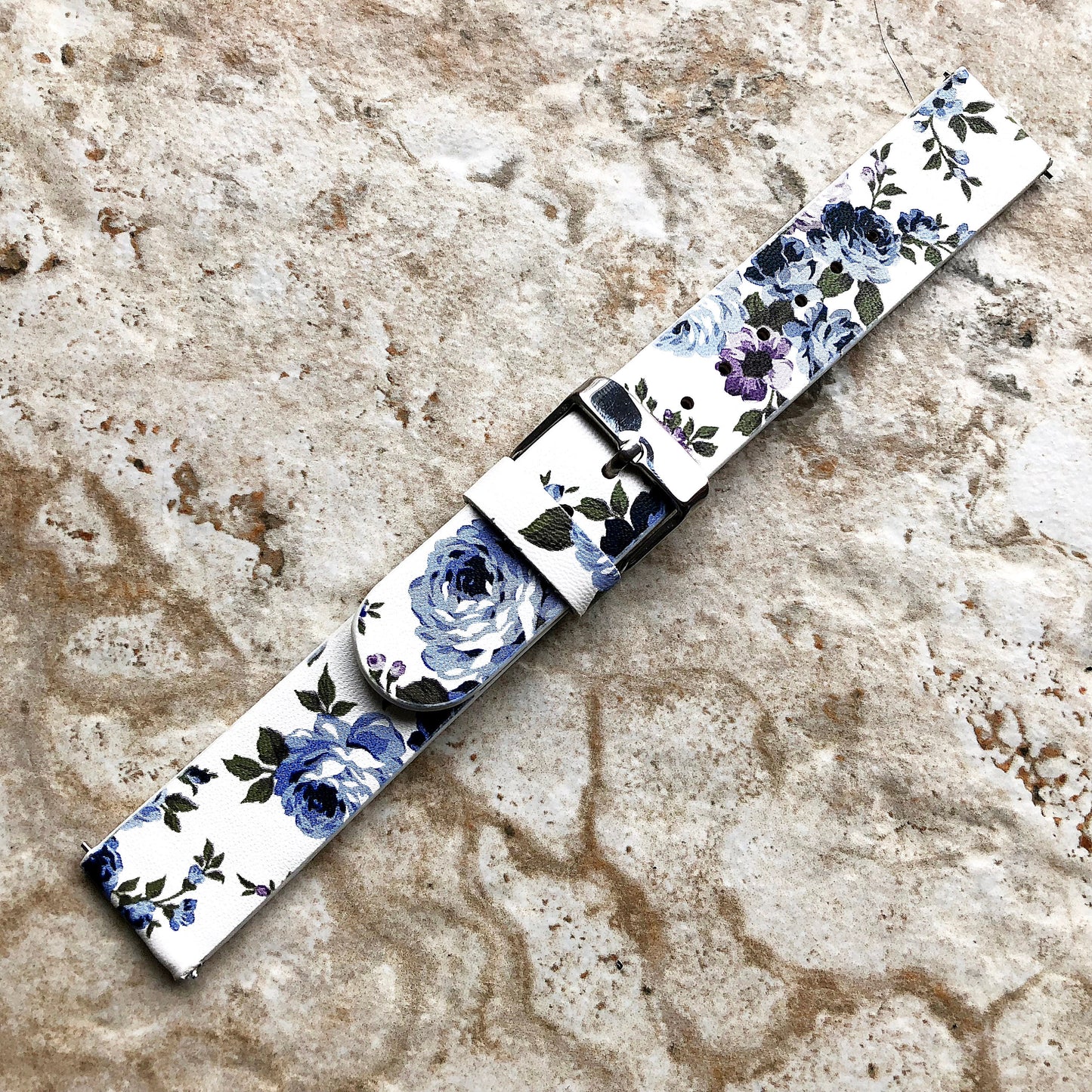 18mm Width Blue Floral FL-2 Soft Leather Watch Strap Band for Wrist Hand Watches - Quick Release Pins Included Easy and Ready to Attach