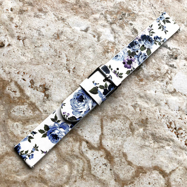 18mm Width Blue Floral FL-2 Soft Leather Watch Strap Band for Wrist Hand Watches - Quick Release Pins Included Easy and Ready to Attach