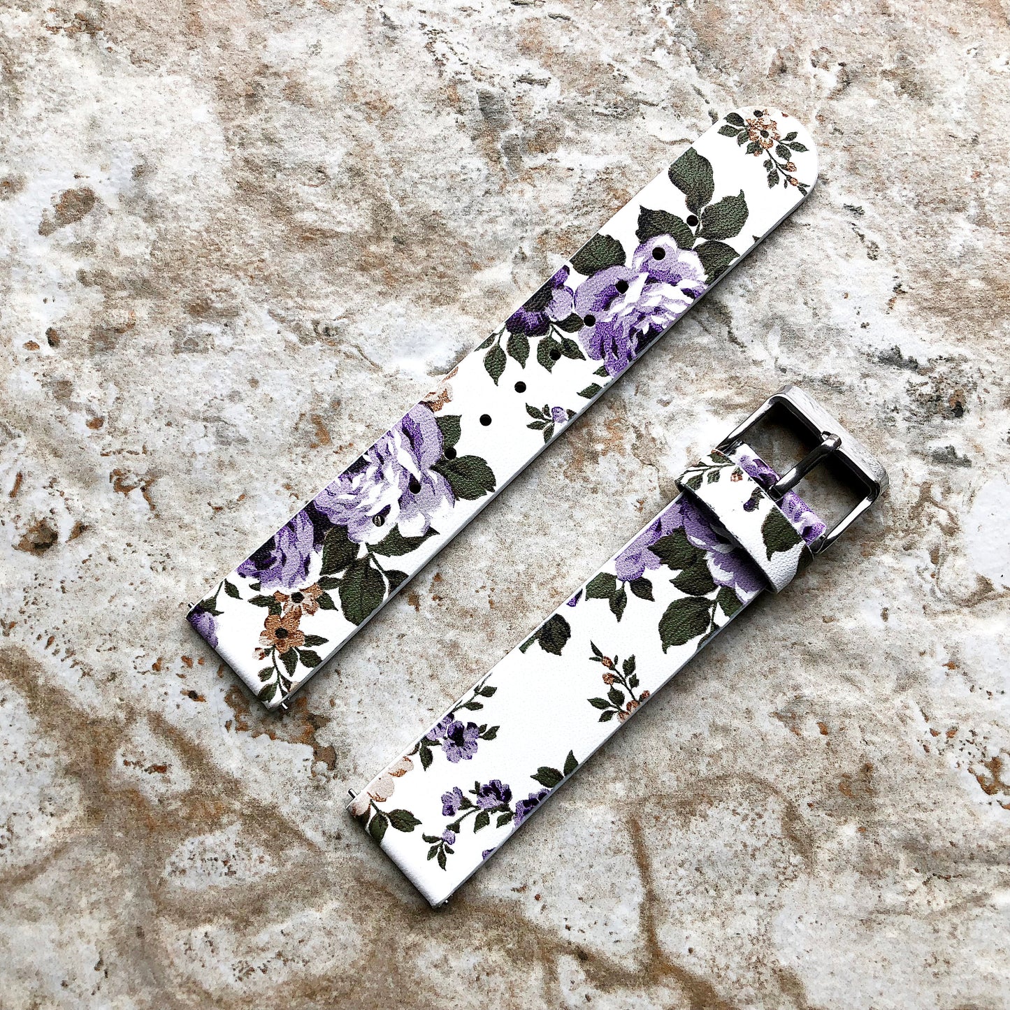 18mm Width Purple Floral FL-4 Soft Leather Watch Strap Band for Wrist Hand Watches - Quick Release Pins Included Easy and Ready to Attach