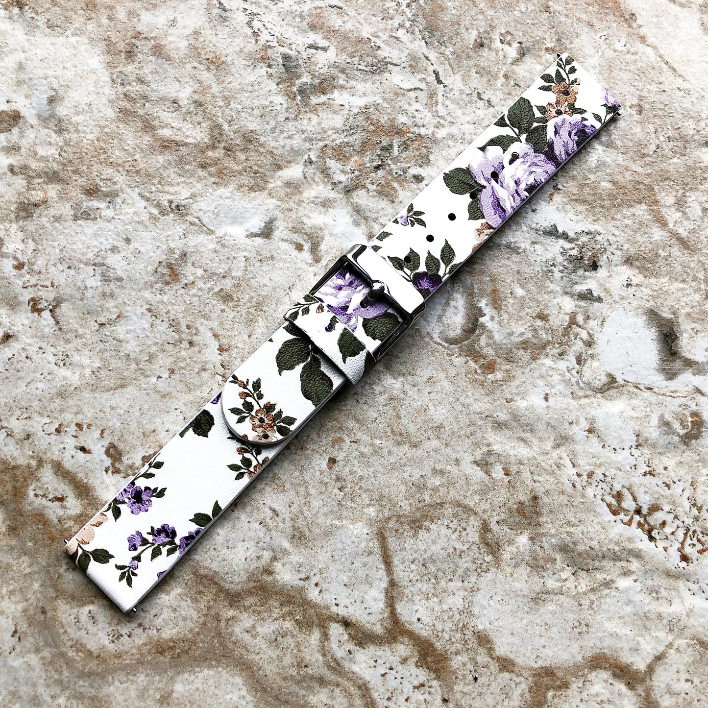 18mm Width Purple Floral FL-4 Soft Leather Watch Strap Band for Wrist Hand Watches - Quick Release Pins Included Easy and Ready to Attach
