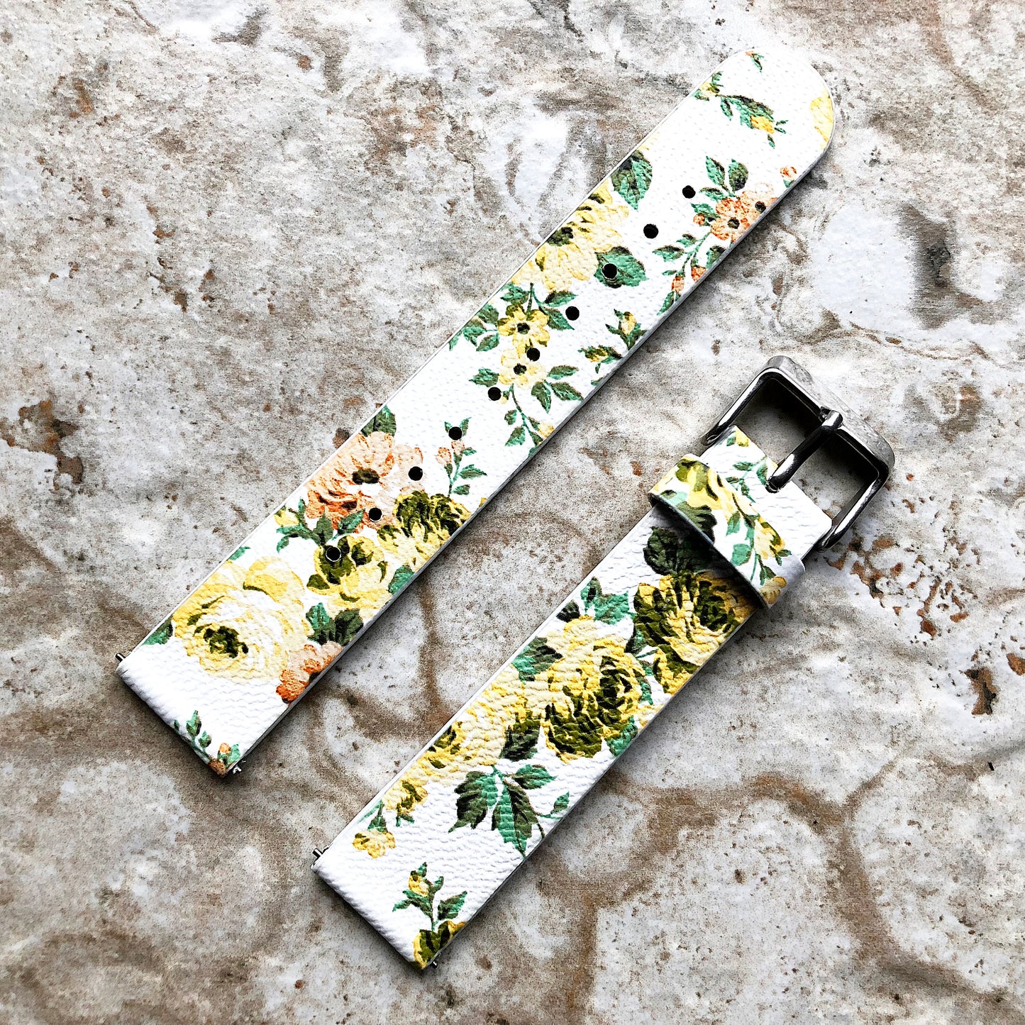 18mm Width Yellow Floral FL-1 Soft Leather Watch Strap Band for Wrist Hand Watches - Quick Release Pins Included Easy and Ready to Attach
