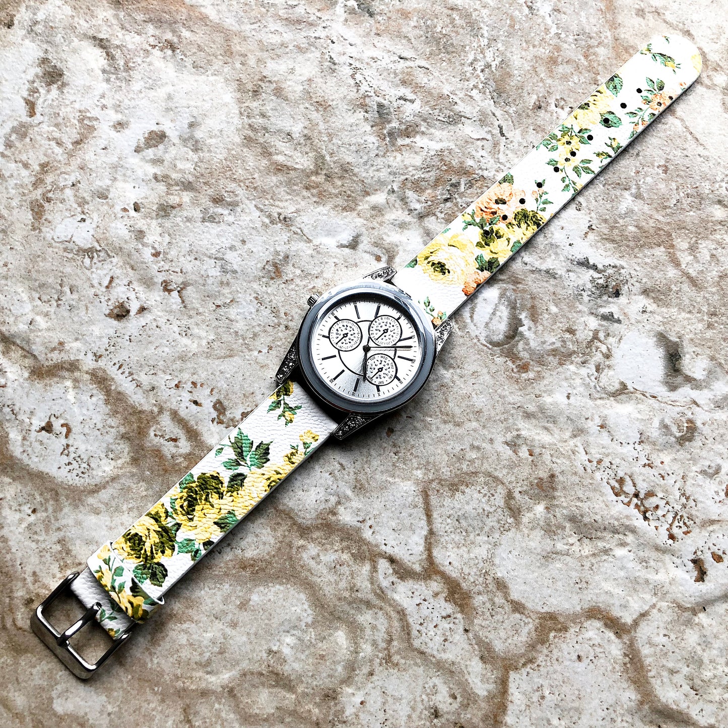 18mm Width Yellow Floral FL-1 Soft Leather Watch Strap Band for Wrist Hand Watches - Quick Release Pins Included Easy and Ready to Attach