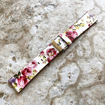 22mm Width Red Floral FL-3 Soft Leather Watch Strap Band for Wrist Hand Watches - Quick Release Pins Included Easy and Ready to Attach