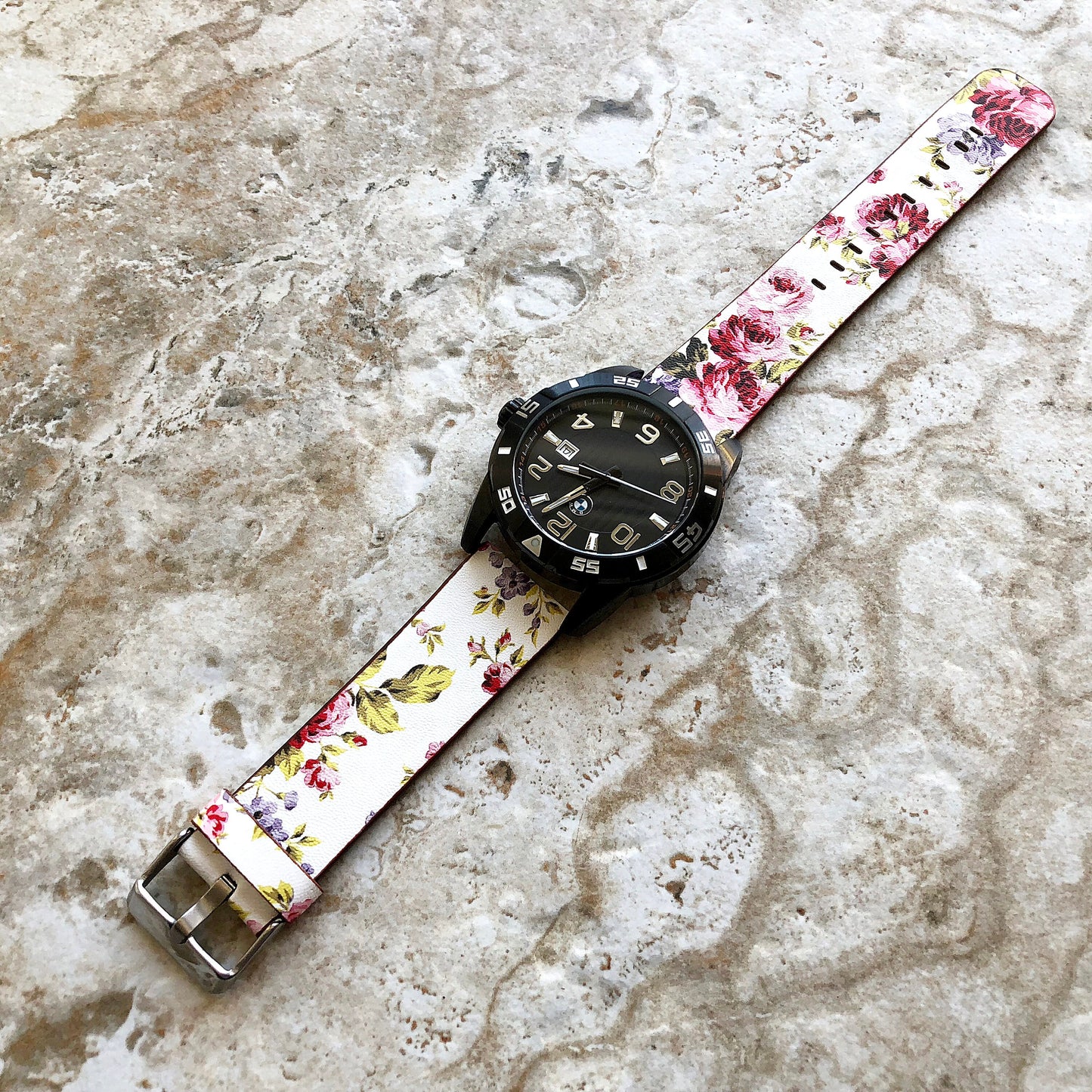 22mm Width Red Floral FL-3 Soft Leather Watch Strap Band for Wrist Hand Watches - Quick Release Pins Included Easy and Ready to Attach