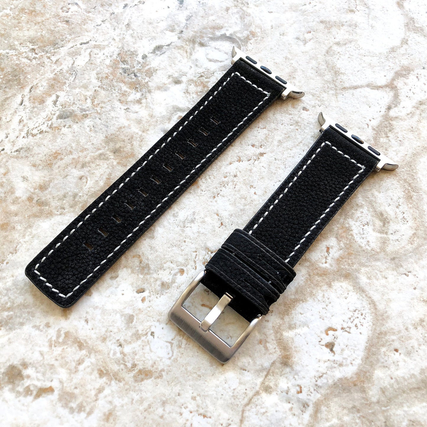 Apple Black Suede Soft Leather Band Straps with White Stitches for iWatch Ultra 2 49mm and 9 8 Series 41mm 45mm Case Handmade Bracelet