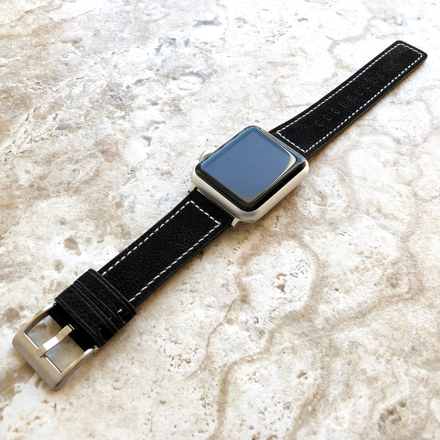 Apple Black Suede Soft Leather Band Straps with White Stitches for iWatch Ultra 2 49mm and 9 8 Series 41mm 45mm Case Handmade Bracelet